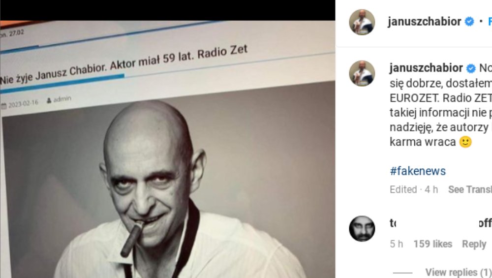 Janusz Chabior z podwójnym fake newsem o własnej śmierci. 'Co mi się dziś przytrafiło' Janusz Chabior z podwójnym fake newsem o własnej śmierci. 'Co mi się dziś przytrafiło'